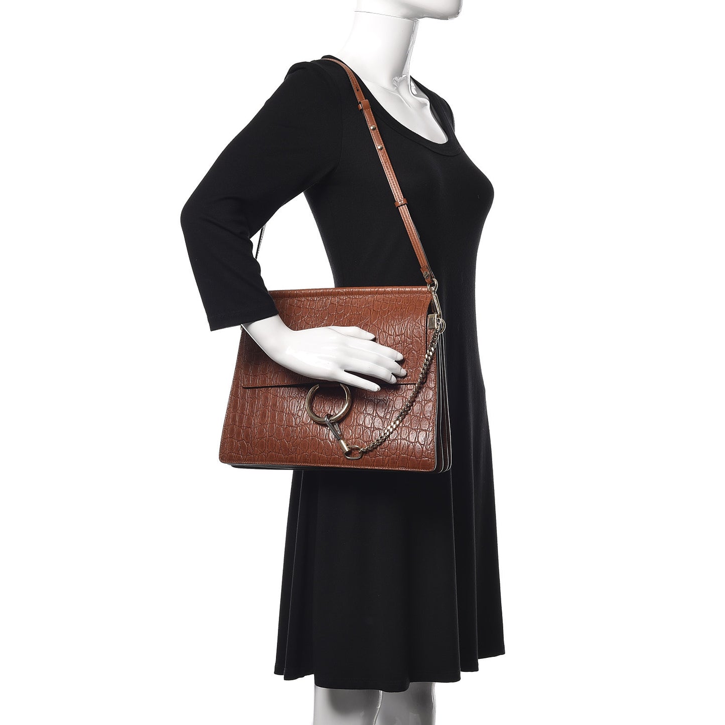 Calfskin Crocodile Embossed Medium Faye Shoulder Bag Mahogany