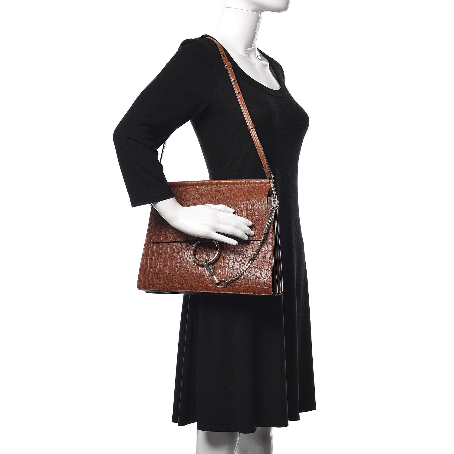 Chloe Calfskin Crocodile Embossed Medium Faye Shoulder Bag Mahogany 2 of 12