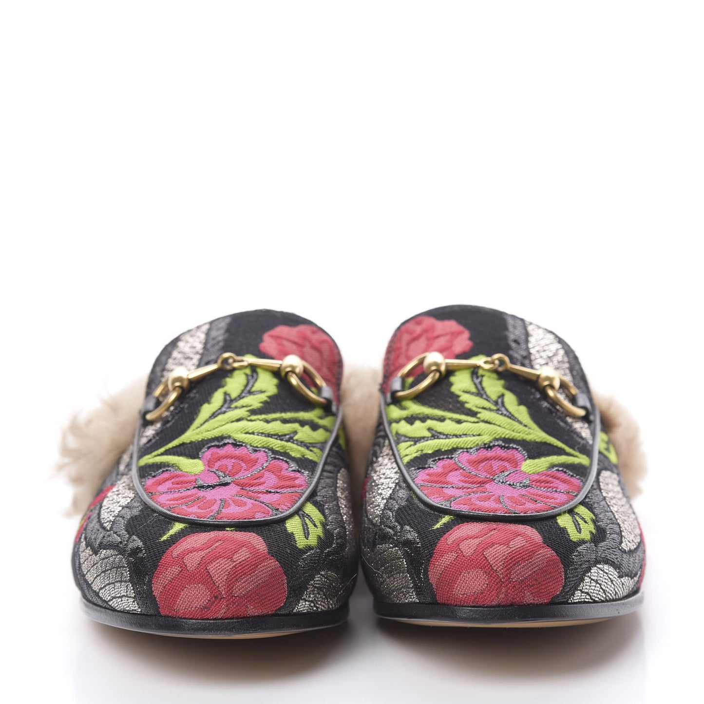 Brocade Fur Floral Womens Princetown Slippers 36 Black Anthracite