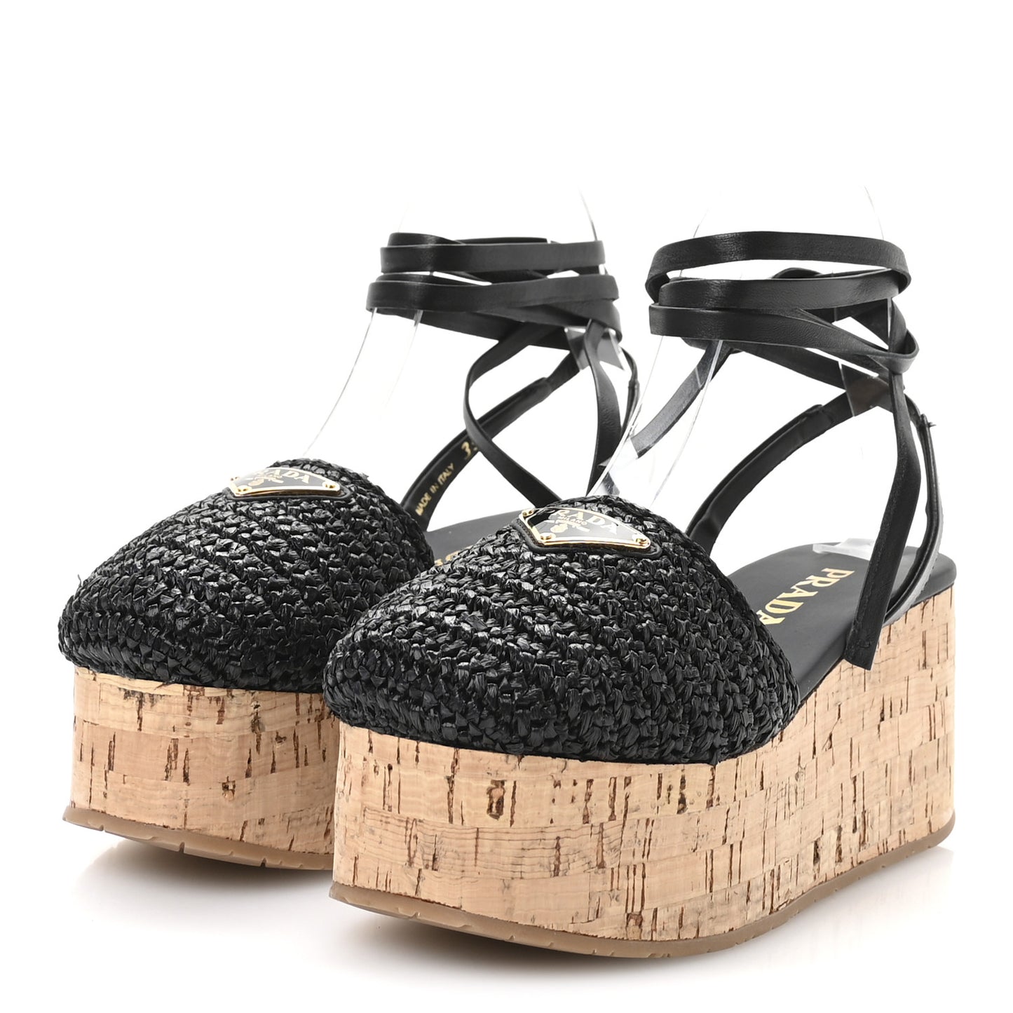 Raffia Cork Triangle Crochet Ankle Strap Platform 75mm Sandals 35 Black