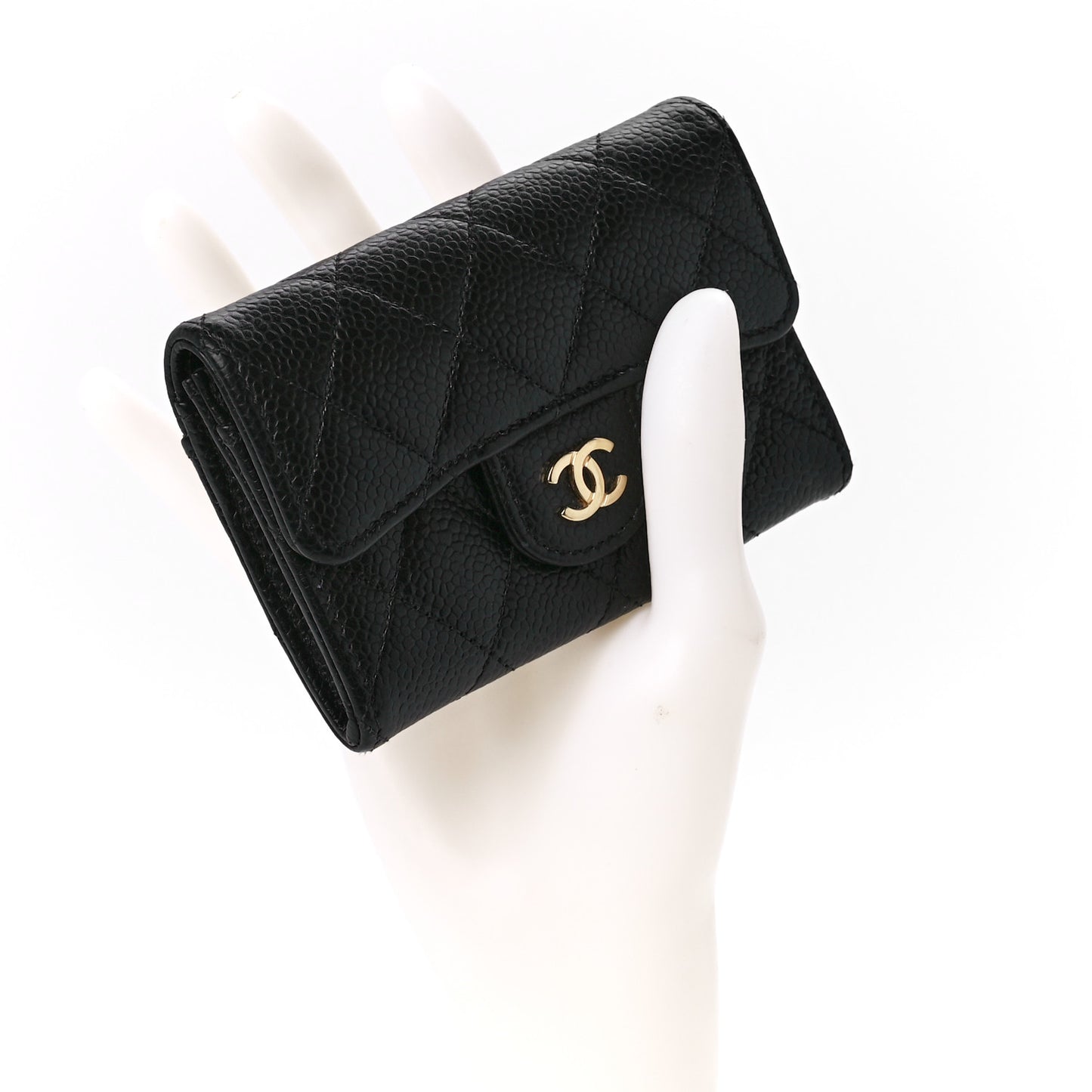 Caviar Quilted Flap Card Holder Wallet Black