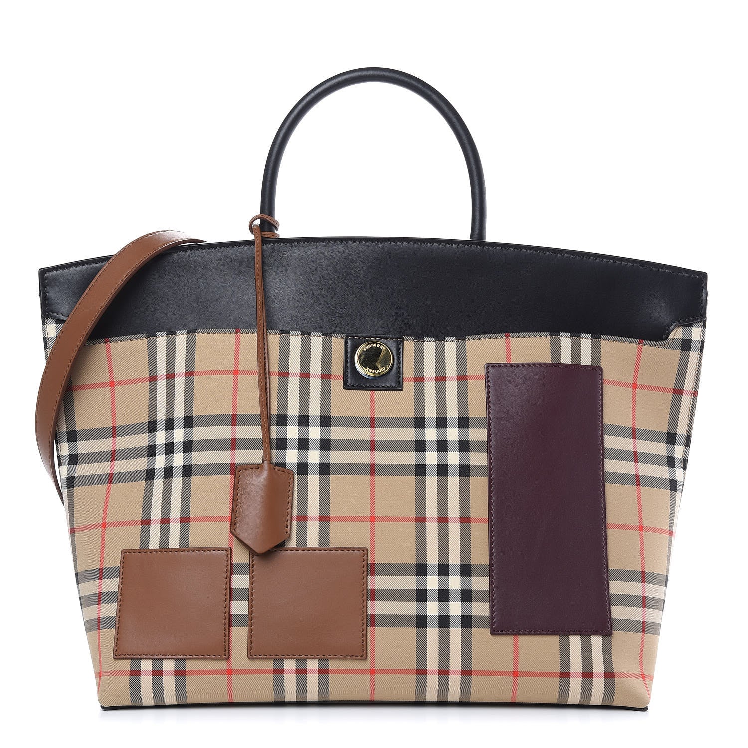 Burberry Calfskin House Check Medium Society Top Handle Bag Archive Beige Black 1 of 10