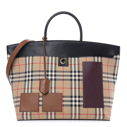 Burberry Calfskin House Check Medium Society Top Handle Bag Archive Beige Black 1 of 10
