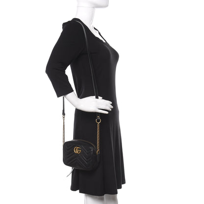 Gucci Calfskin Matelasse Mini GG Marmont Chain Shoulder Bag Black 2 of 12