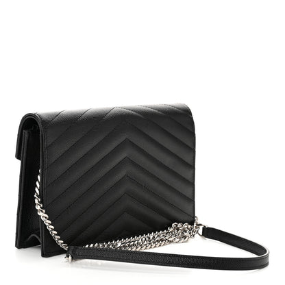 Saint Laurent Grain De Poudre Matelasse Chevron Monogram Envelope Chain Wallet Black 3 of 11