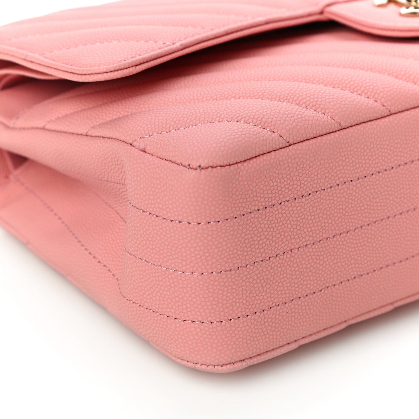 Caviar Flat Chevron Quilted Medium Double Flap Pink