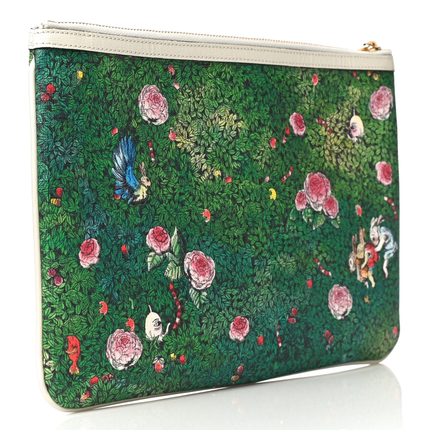 X YUKO HIGUCHI Canvas Calfskin GG Web Yuko Higuchi Print Large Ophidia Pouch Clutch White