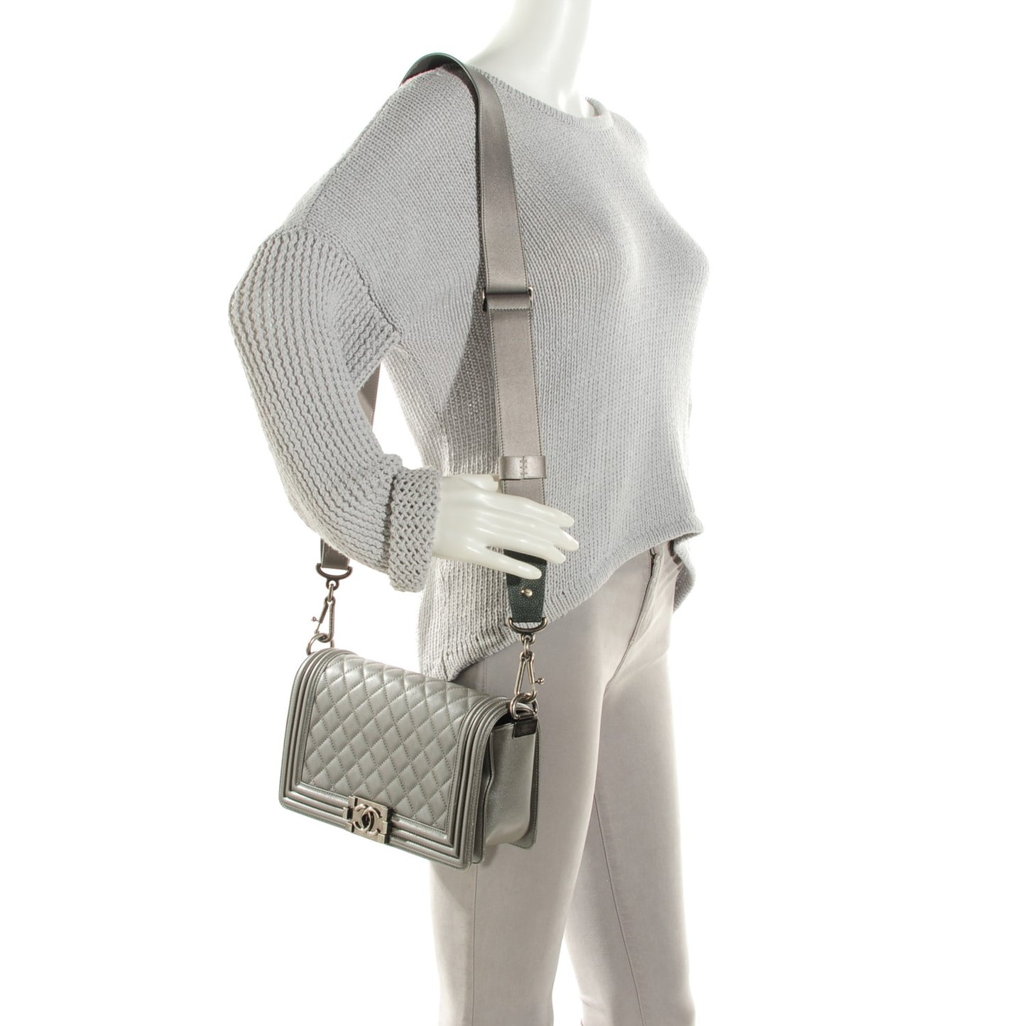 Lambskin Quilted Medium Boy Flap w Stingray Strap Silver