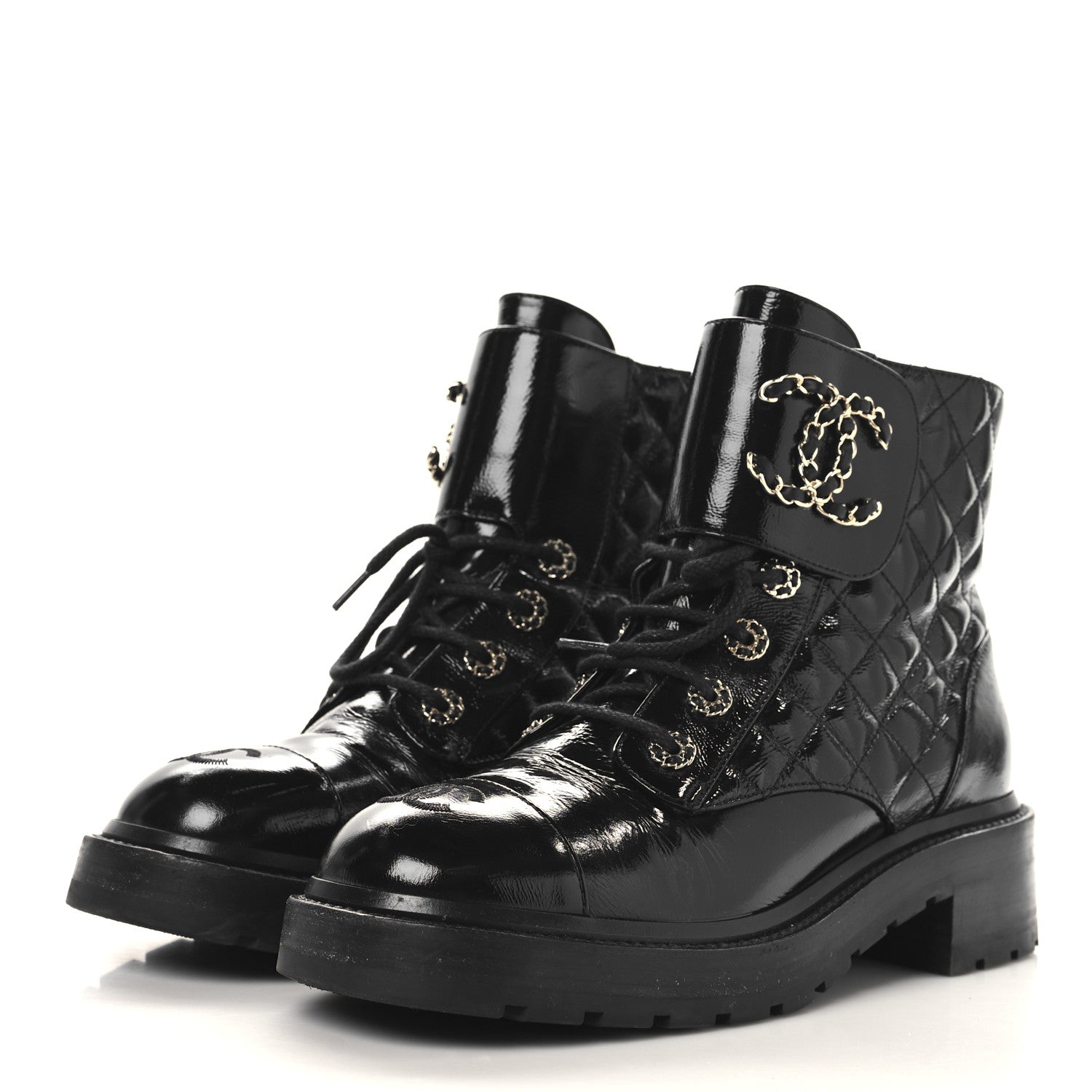 Chanel Shiny Calfskin Quilted Lace Up Combat Boots 39 Black 4 of 10