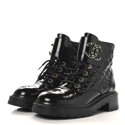 Chanel Shiny Calfskin Quilted Lace Up Combat Boots 39 Black 4 of 10