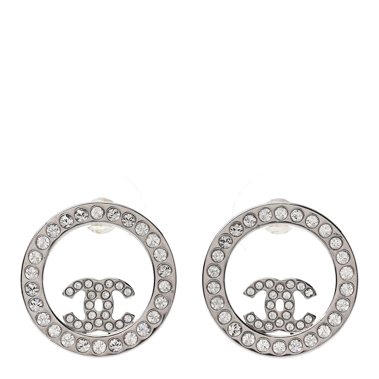 Chanel Crystal CC Round Earrings Silver 1 of 6