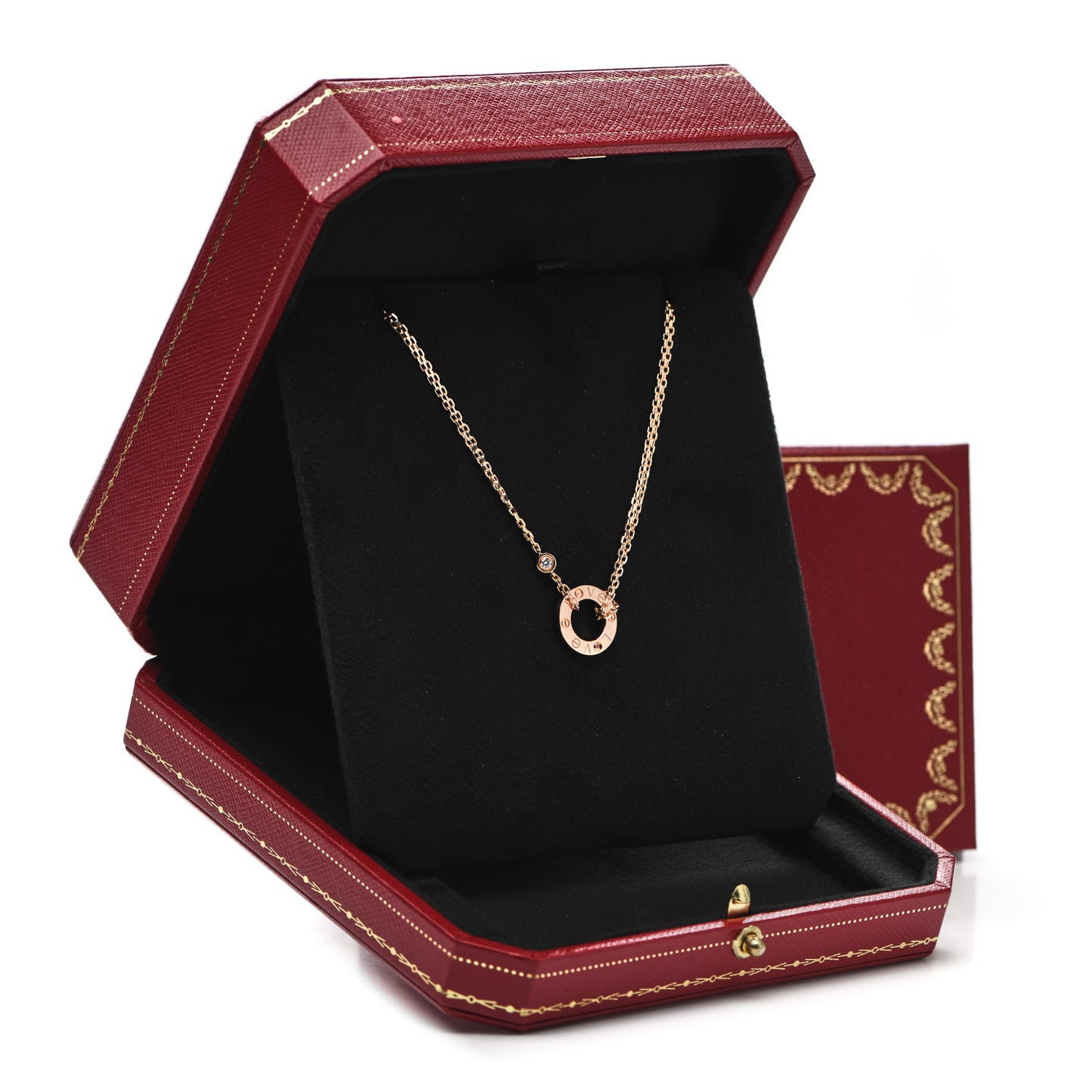 18K Pink Gold 1 Diamond 1 Pink Sapphire LOVE Necklace