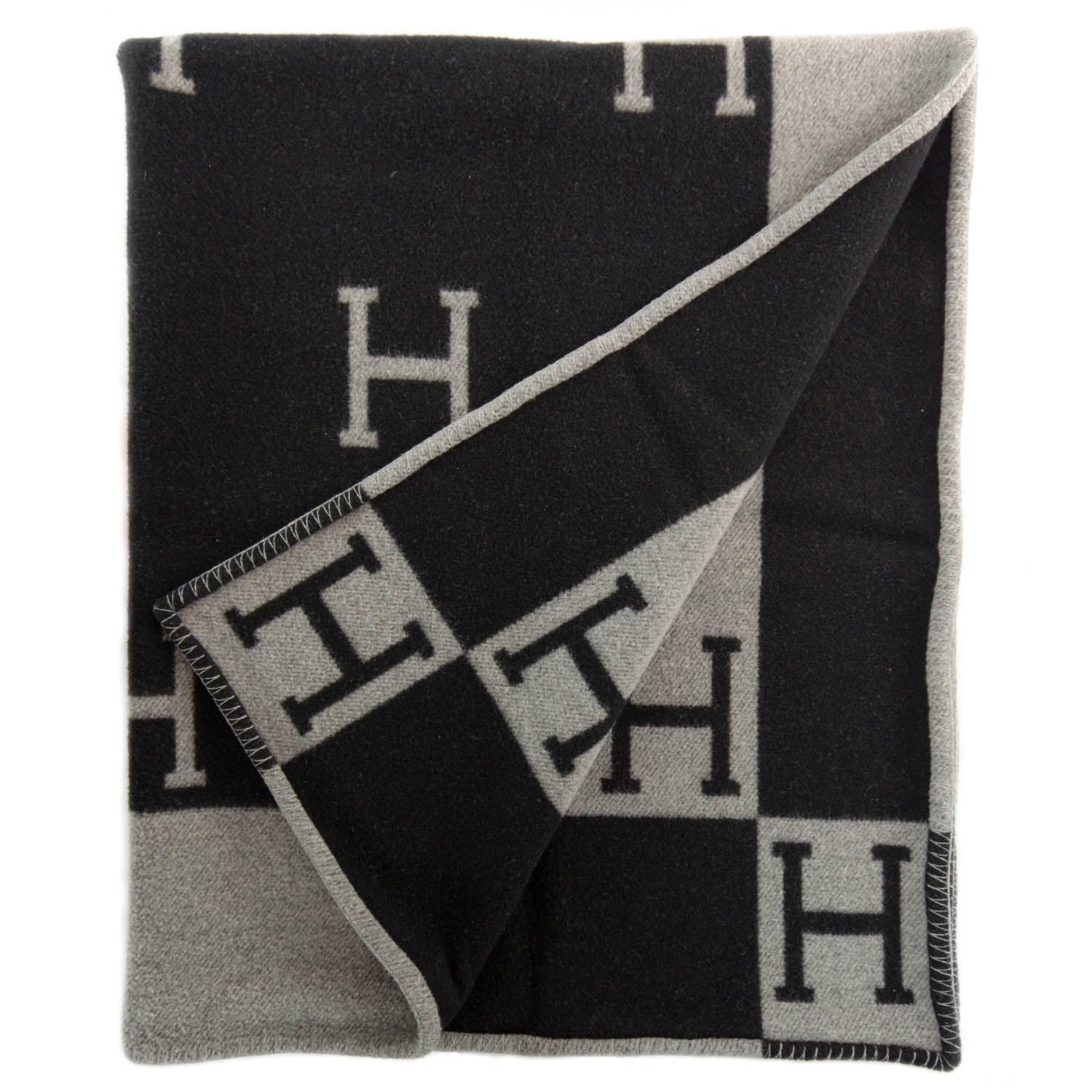 Hermes Wool Cashmere Signature Avalon Blanket Black 2 of 4