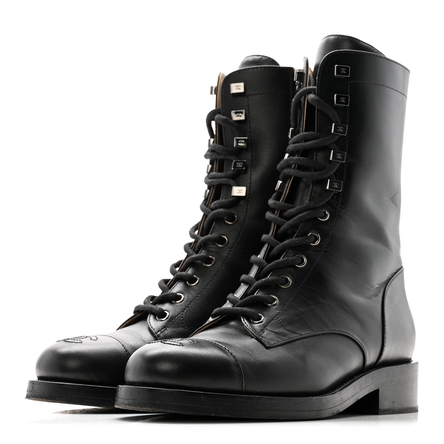 Calfskin Cap Toe Lace Up Combat Boots 38 Black