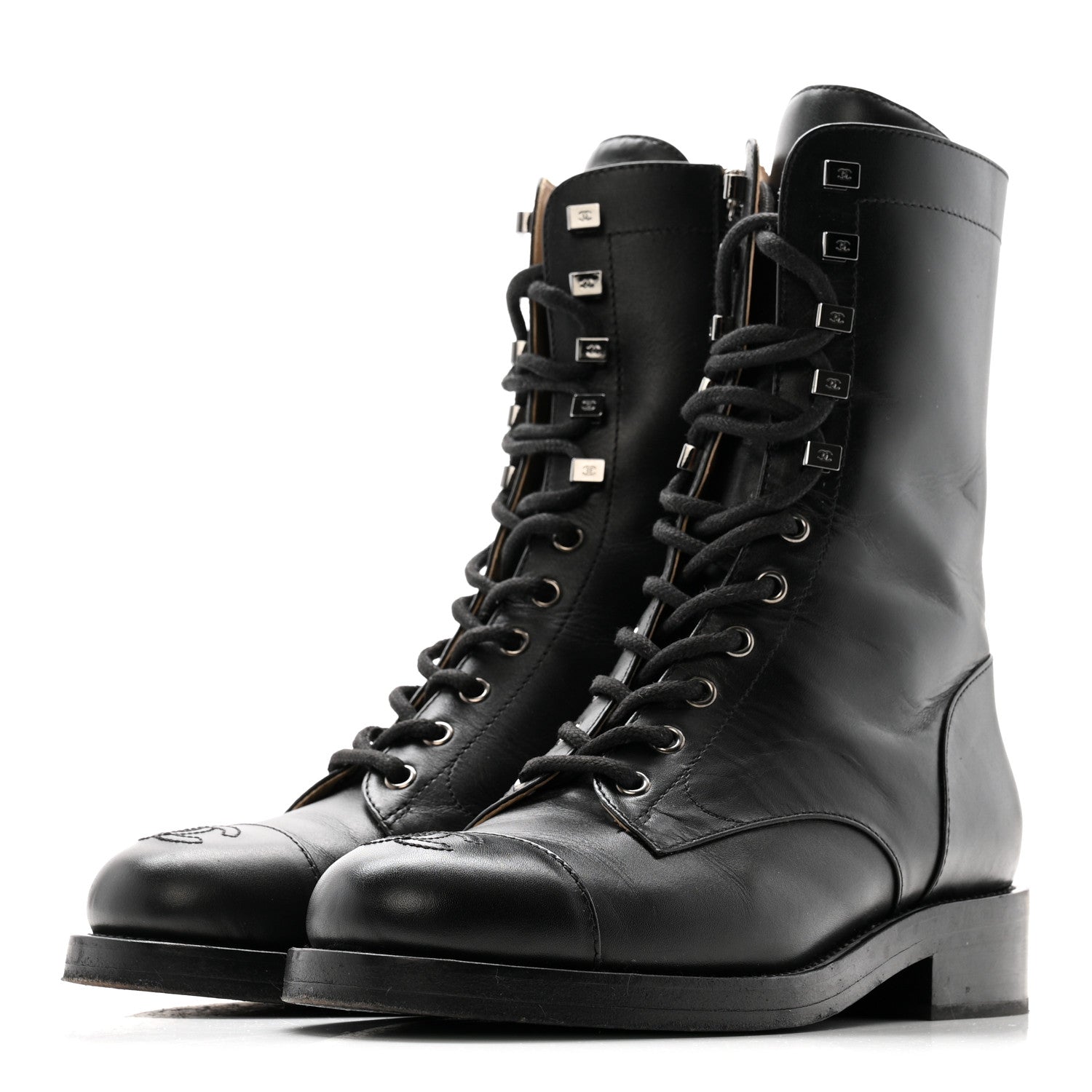 Chanel Calfskin Cap Toe Lace Up Combat Boots 38 Black 9 of 26