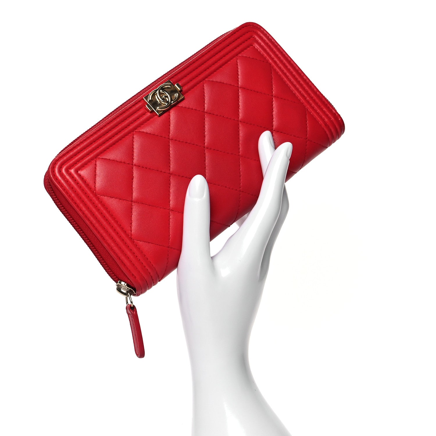 Chanel Lambskin Quilted Boy Zip Around Wallet Red 2 of 8