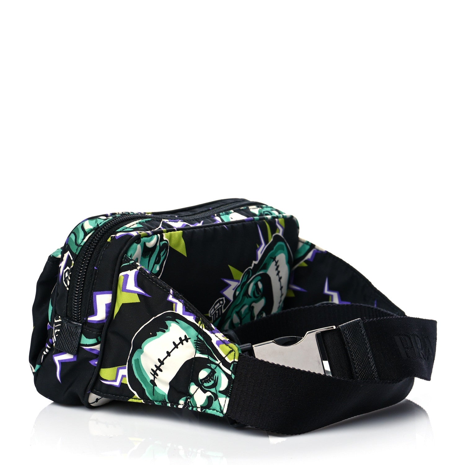 Prada X UNIVERSAL STUDIOS Tessuto Nylon Montagna Frankenstein Print Multi Zip Belt Bag Black Menta 2 of 9