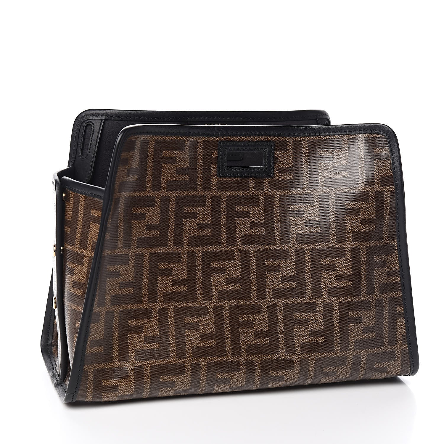 Fendi Glazed Fabric Vitello Century FF 1974 Stamp Patch Mini Peekaboo Defender Cover Mogano Panna Black 3 of 7