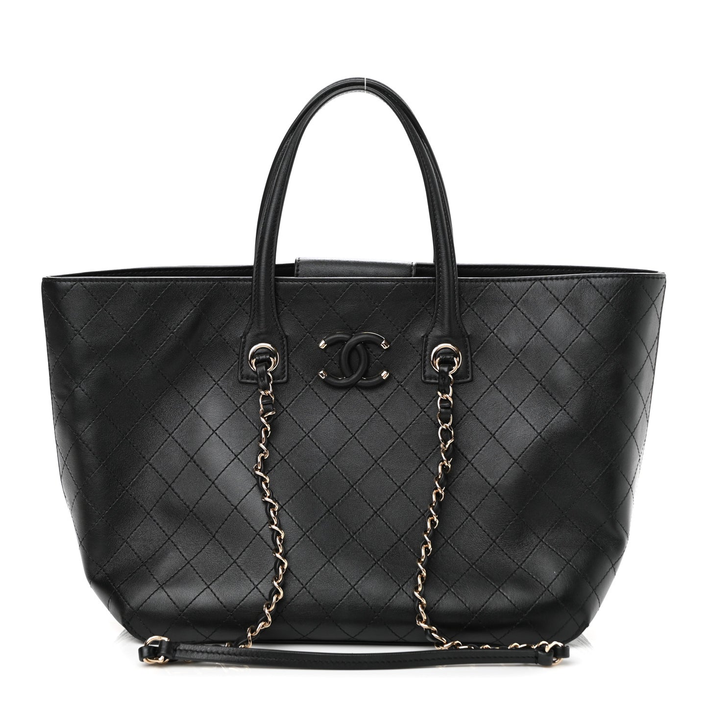 Calfskin Stitched Shopping Tote Black