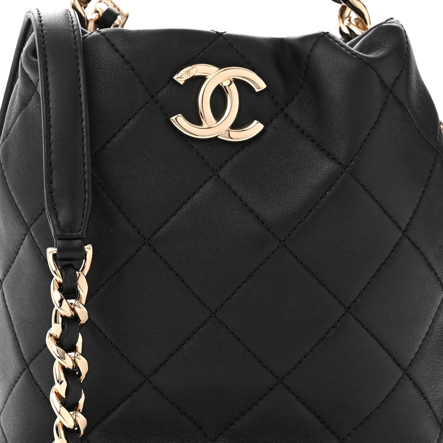 Chanel Shiny Lambskin Quilted Chain Is More Drawstring Bag Black 8 of 11