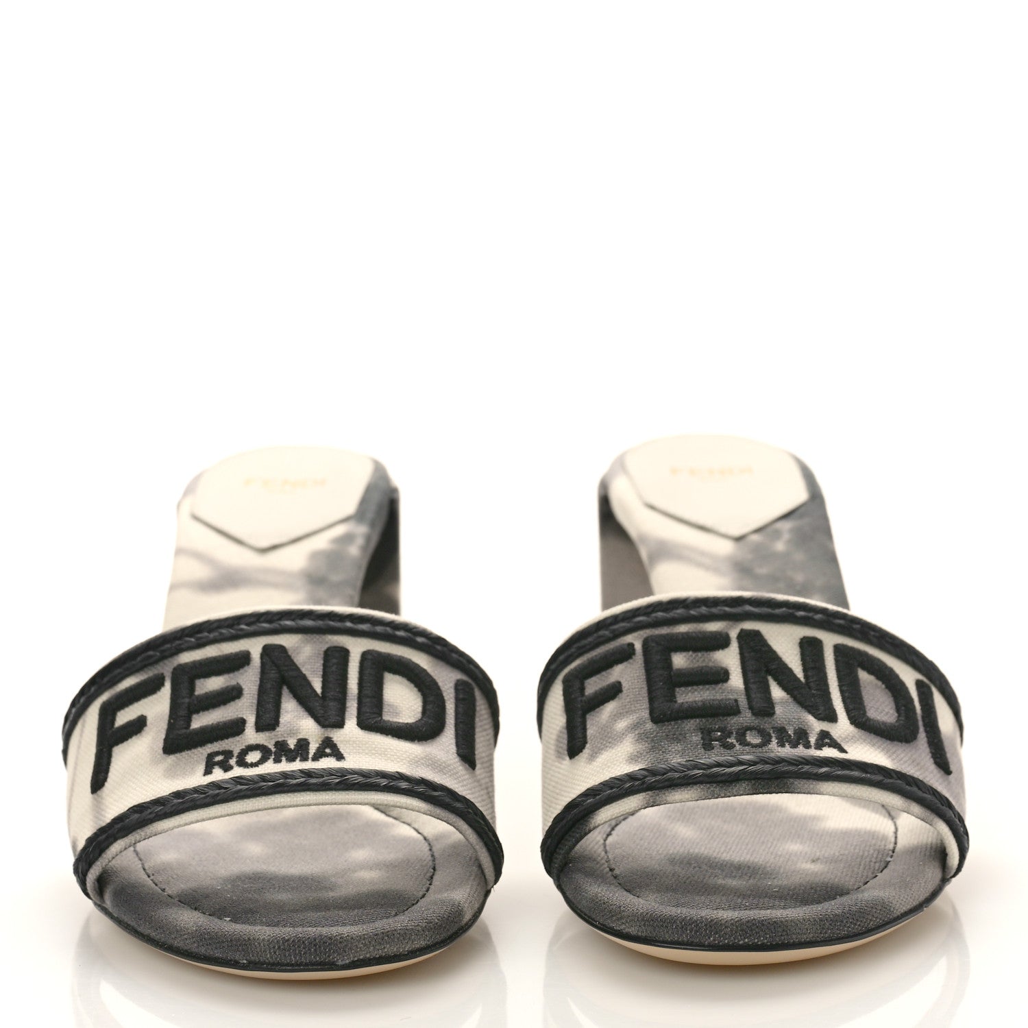 Fendi Canvas Floral Print Logo Mid-Heel Slide Sandals 39 Black White 2 of 10