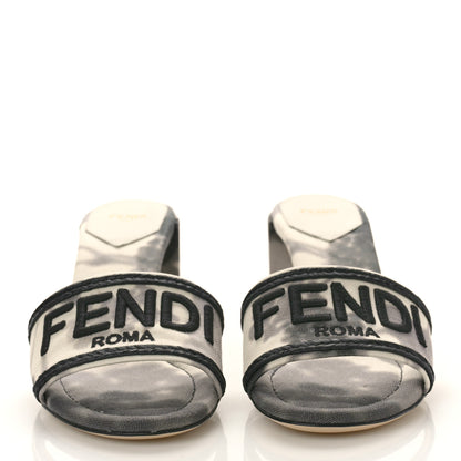 Fendi Canvas Floral Print Logo Mid-Heel Slide Sandals 39 Black White 2 of 10