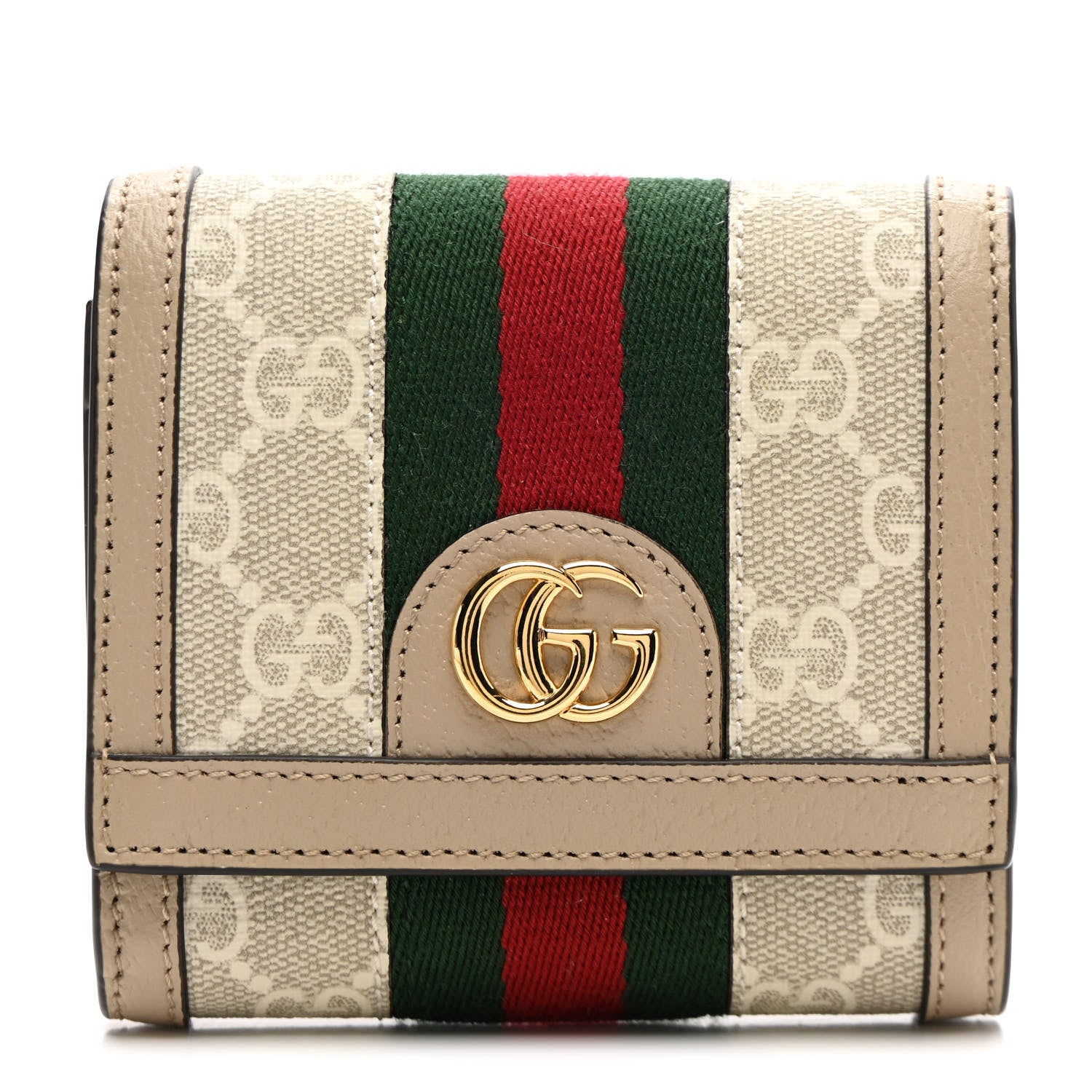 Gucci GG Supreme Monogram Textured Dollar Calfskin Web Ophidia Card Case Wallet Beige Mystic White Oatmeal 1 of 10