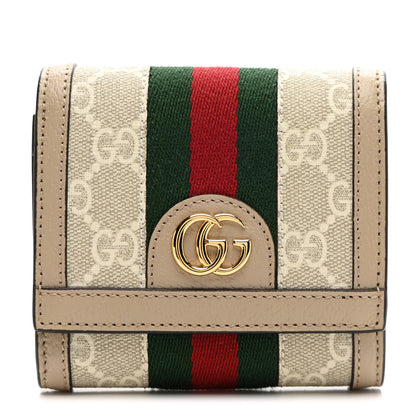 Gucci GG Supreme Monogram Textured Dollar Calfskin Web Ophidia Card Case Wallet Beige Mystic White Oatmeal 1 of 10