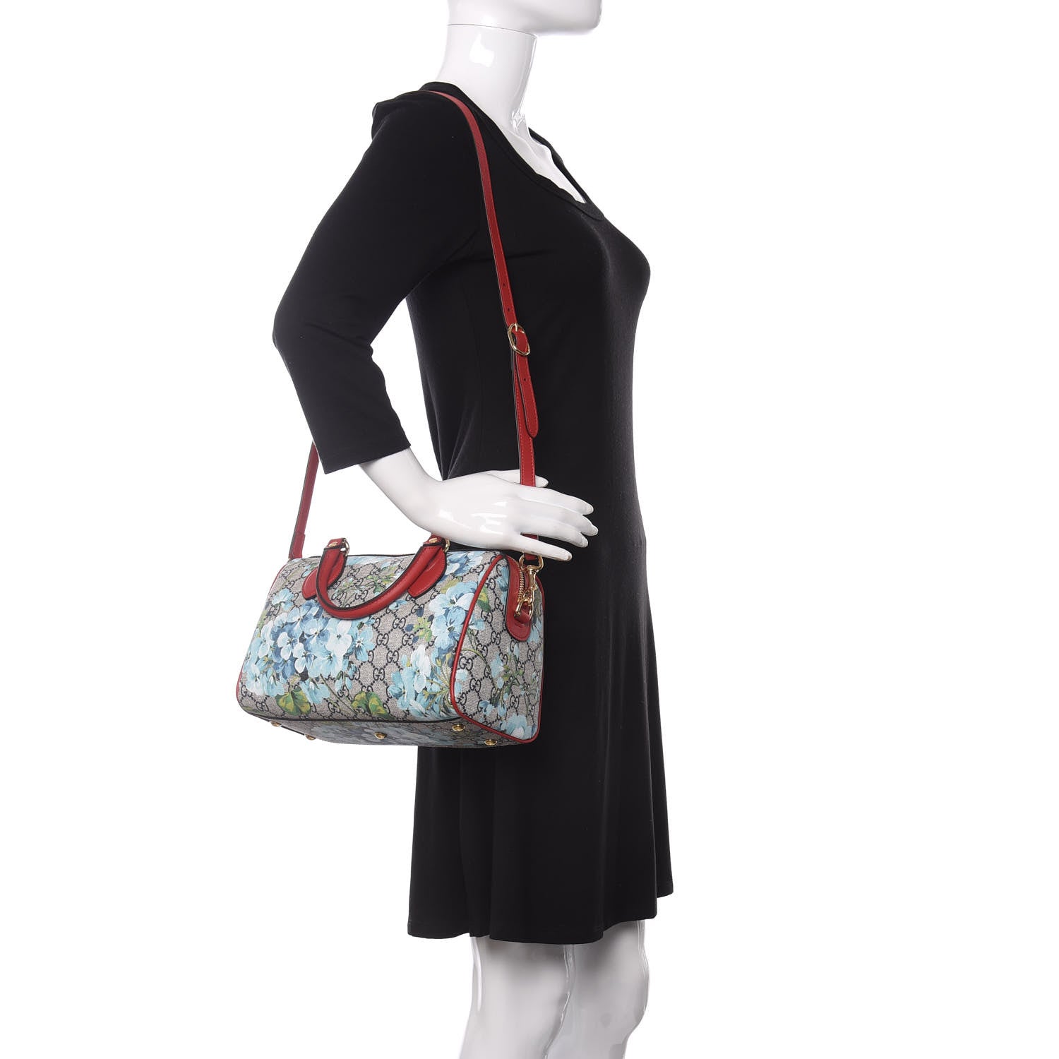 Gucci GG Supreme Monogram Blooms Small Boston Beige Blue Navy Hibiscus Red 2 of 10