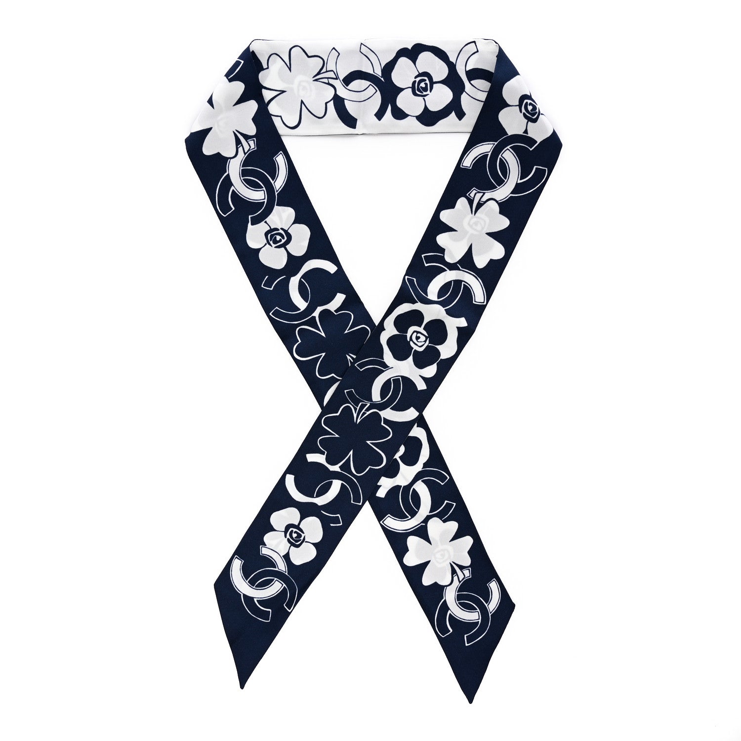Chanel Silk Clover CC Slim Bandeau Scarf Navy White 1 of 3