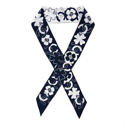 Chanel Silk Clover CC Slim Bandeau Scarf Navy White 1 of 3
