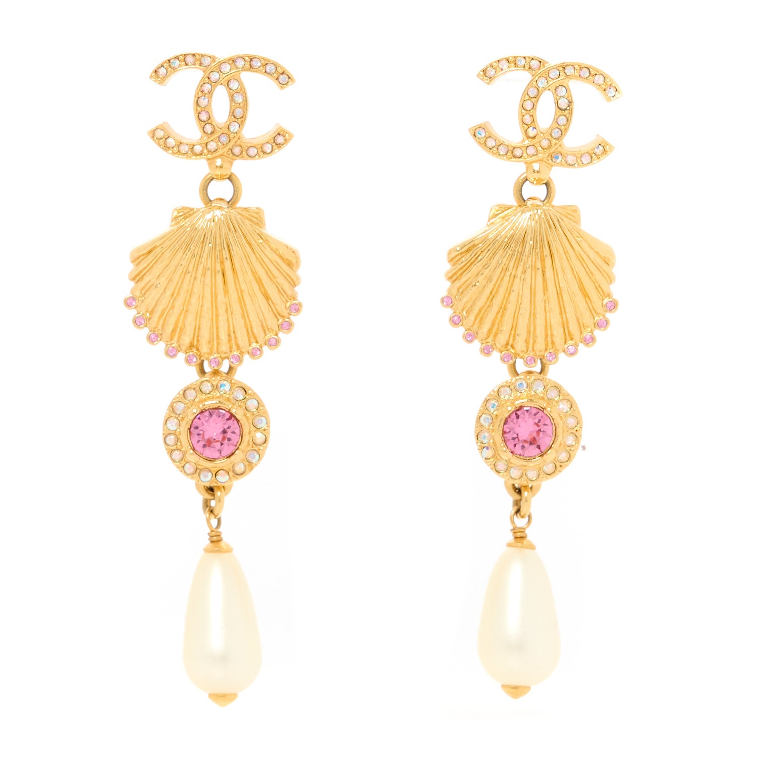 Chanel Metal Crystal Pearl CC Drop Earrings Gold Pink White 1 of 5