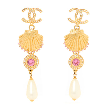 Chanel Metal Crystal Pearl CC Drop Earrings Gold Pink White 1 of 5