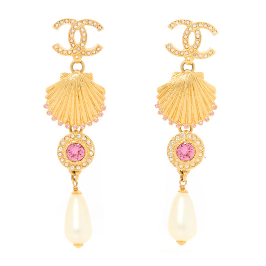 Metal Crystal Pearl CC Drop Earrings Gold Pink White