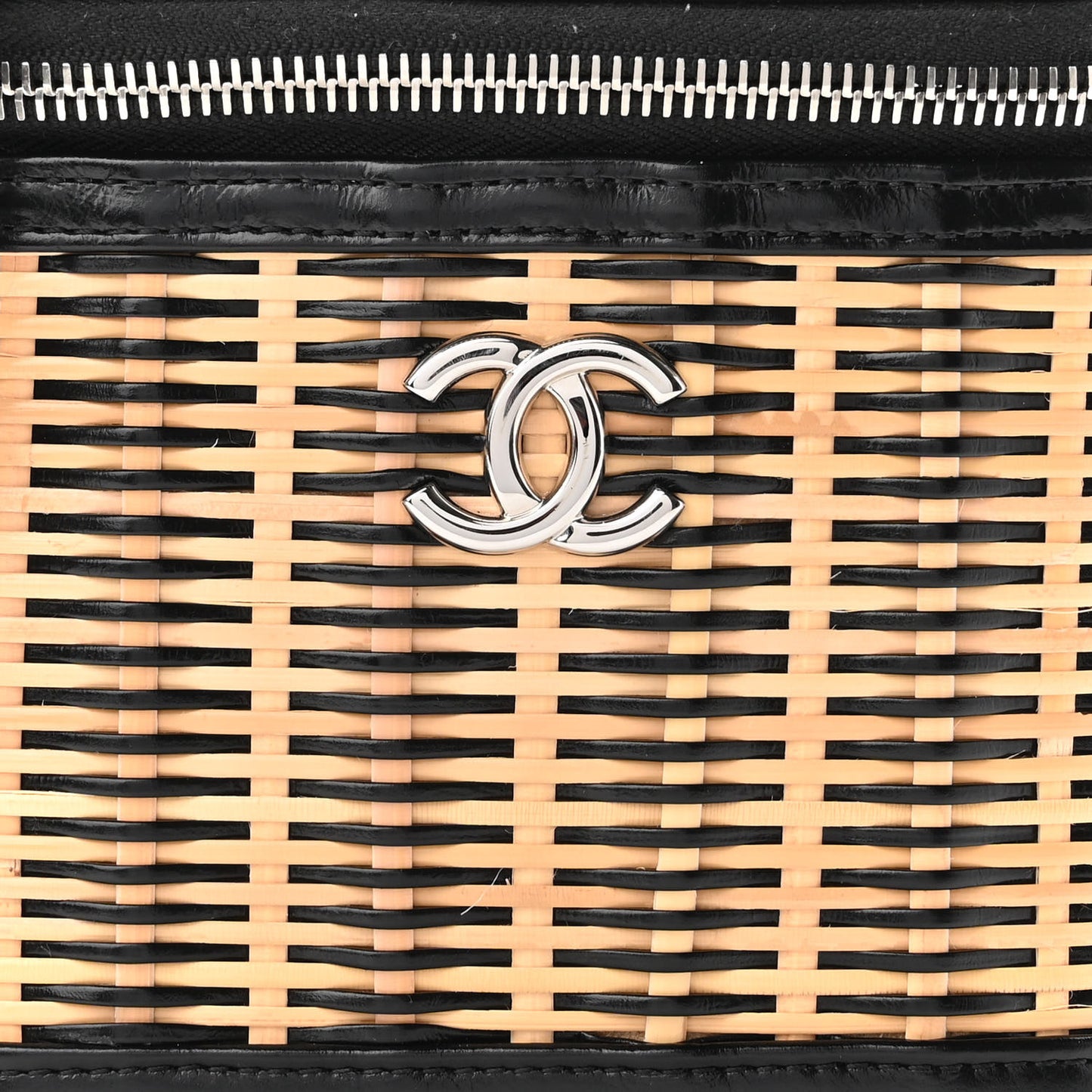 Calfskin Raffia Small Vanity Case Bag Black Beige