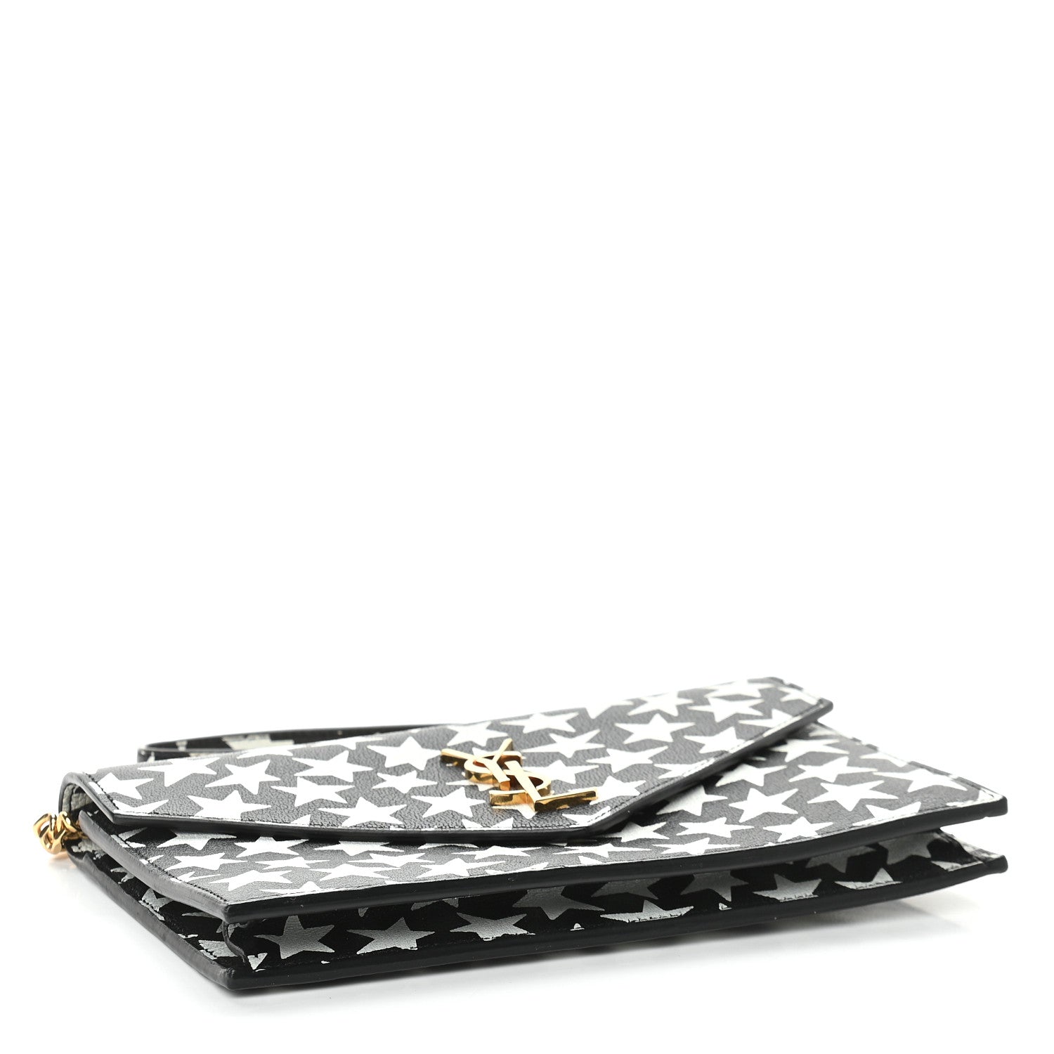 Saint Laurent Lambskin Star Print Monogram Envelope Chain Wallet Black White 3 of 8