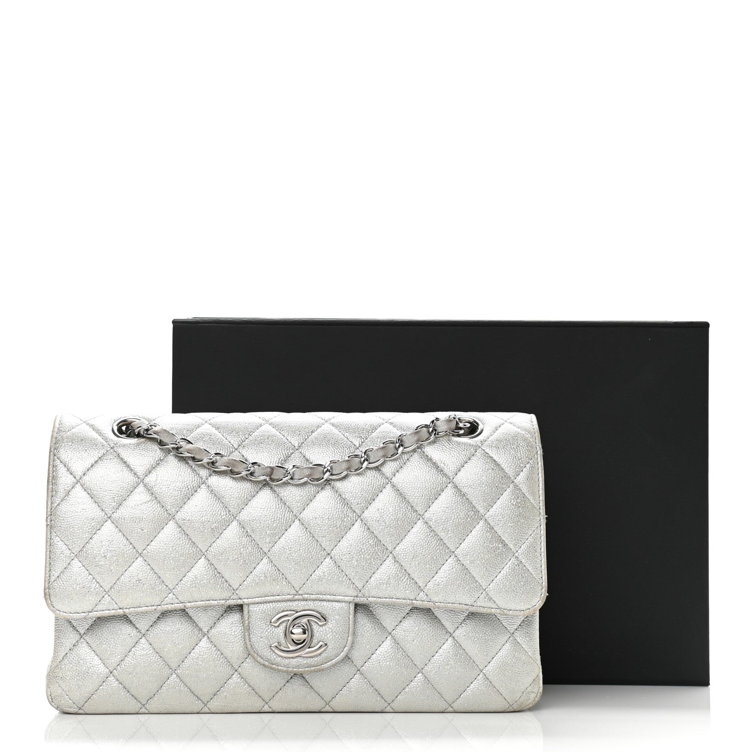 Chanel Glittered Metallic Caviar Quilted Medium Double Flap Silver 15 of 15