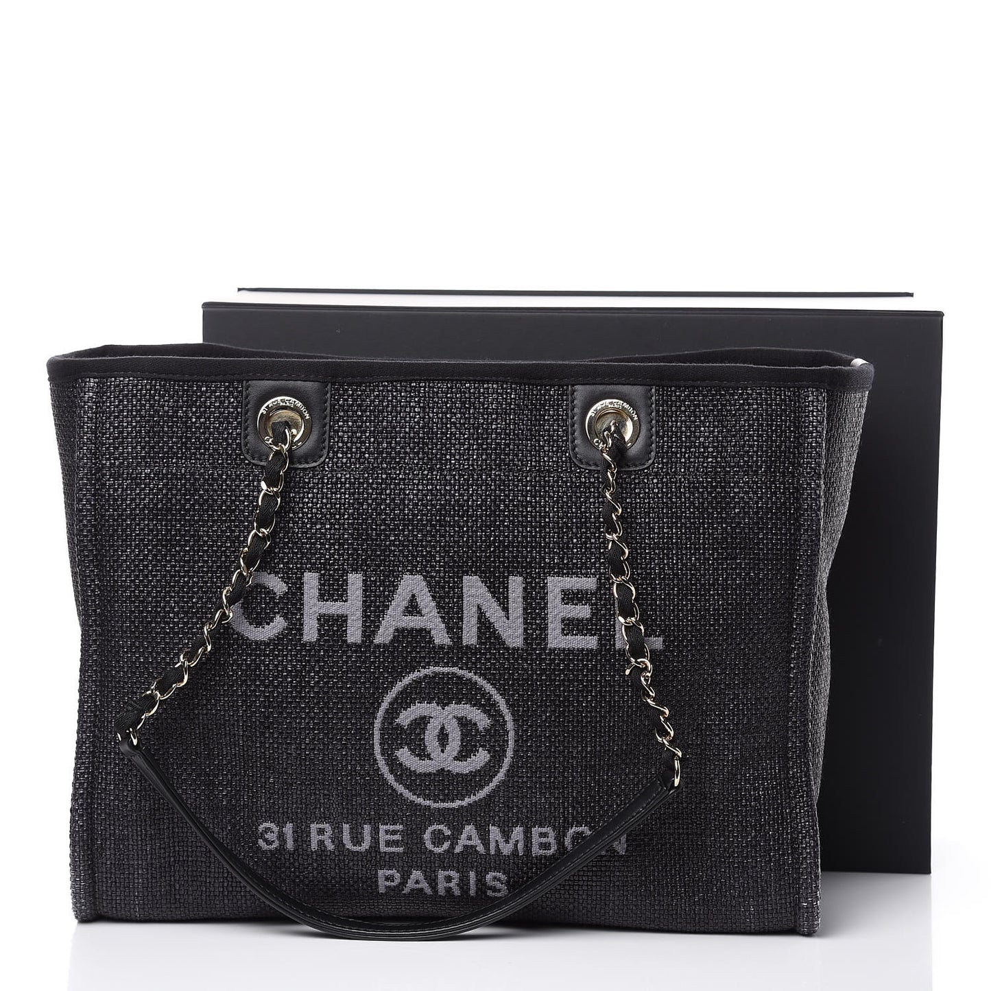 Woven Straw Raffia Small Deauville Tote Black
