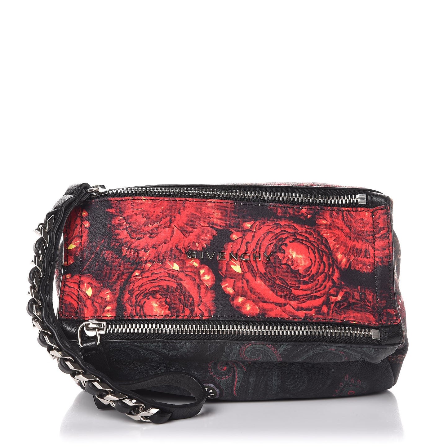 Rubber Effect Calfskin Floral Print Pandora Wristlet Black Multicolor