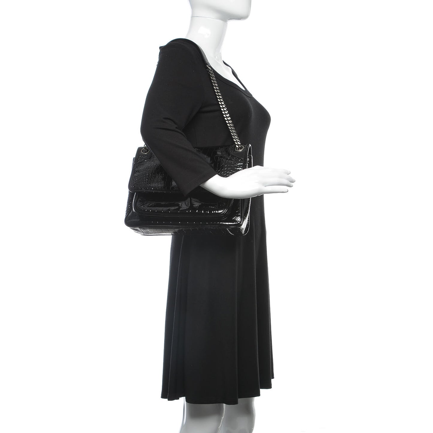 Patent Crocodile Embossed Lambskin Monogram Medium Niki Chain Satchel Black