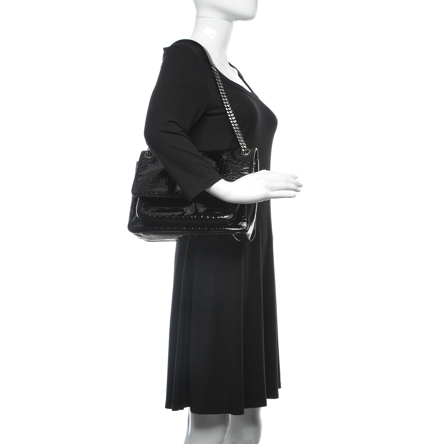 Saint Laurent Patent Crocodile Embossed Lambskin Monogram Medium Niki Chain Satchel Black 2 of 9