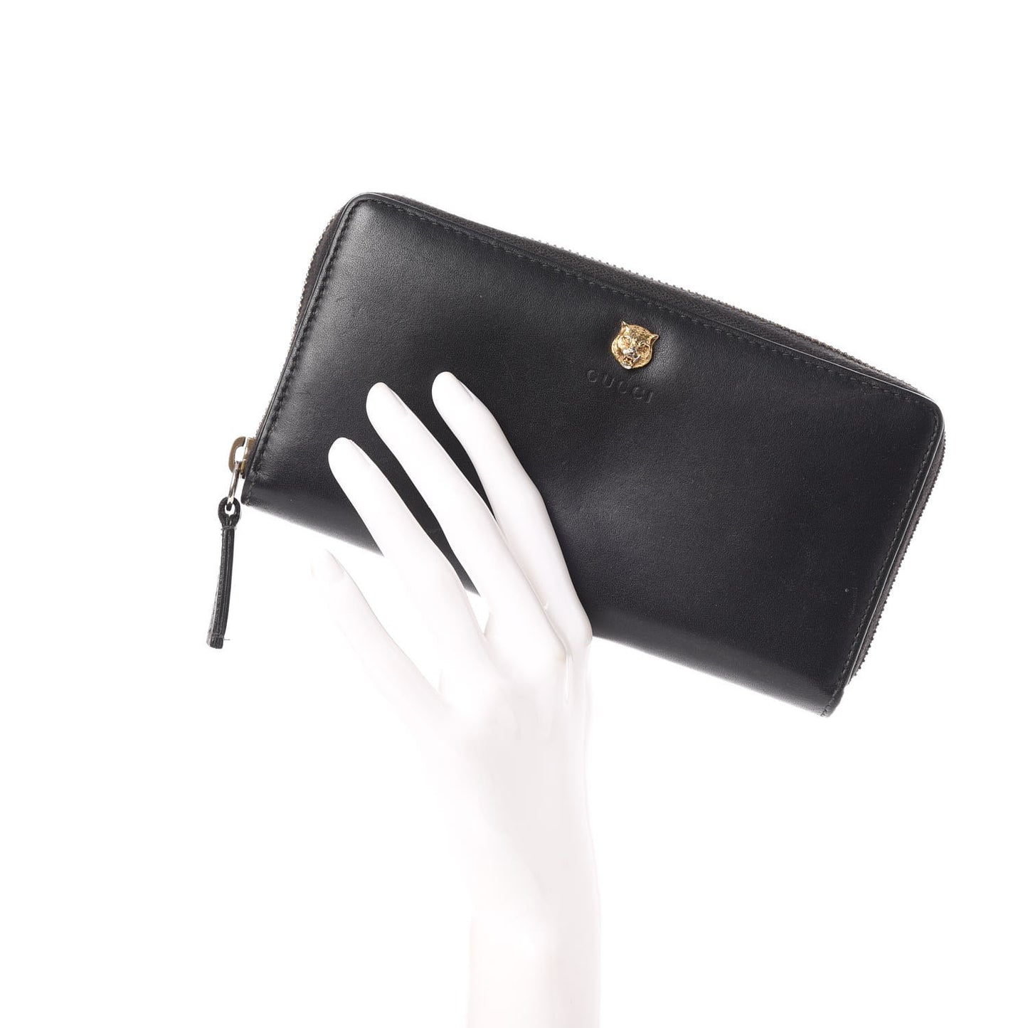 Calfskin Tiger Head Zip Around Wallet Black