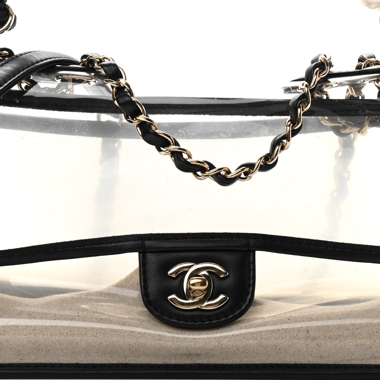 Lambskin PVC Sand By The Sea Flap With Pearl Strap Black