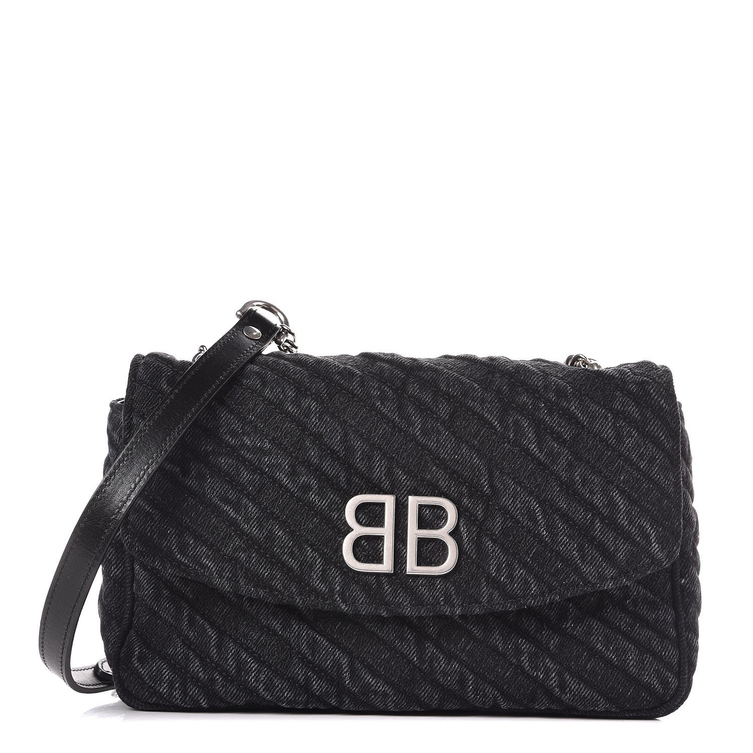 Balenciaga Destroyed Denim Jacquard Logo Matelasse BB Chain Wallet Black 1 of 6