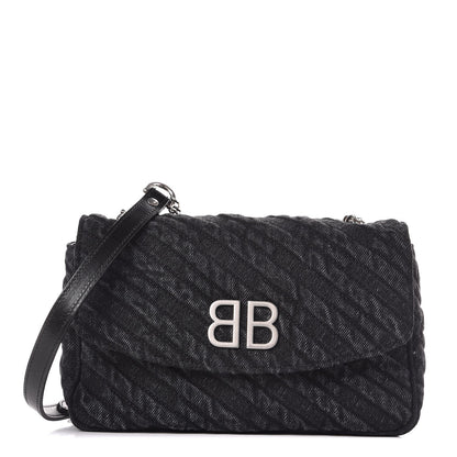 Balenciaga Destroyed Denim Jacquard Logo Matelasse BB Chain Wallet Black 1 of 6