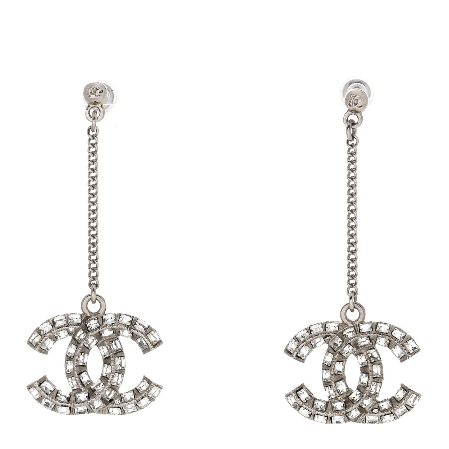 Baguette Crystal CC Drop Earrings Silver