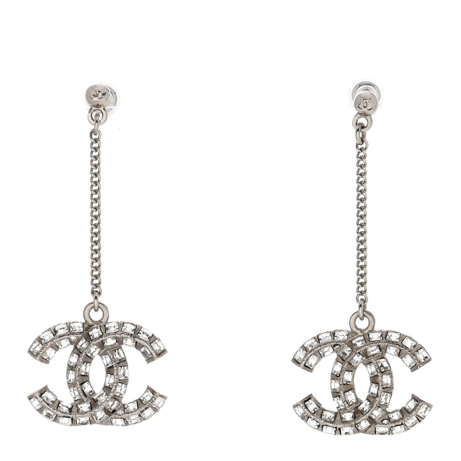 Chanel Baguette Crystal CC Drop Earrings Silver 1 of 3