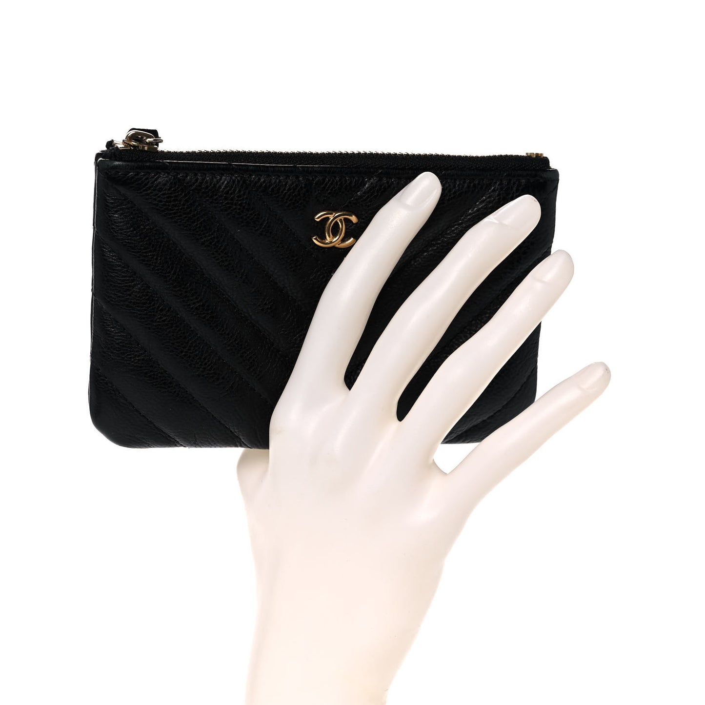 Crumpled Calfskin Chevron Quilted Small Cosmetic Case Black
