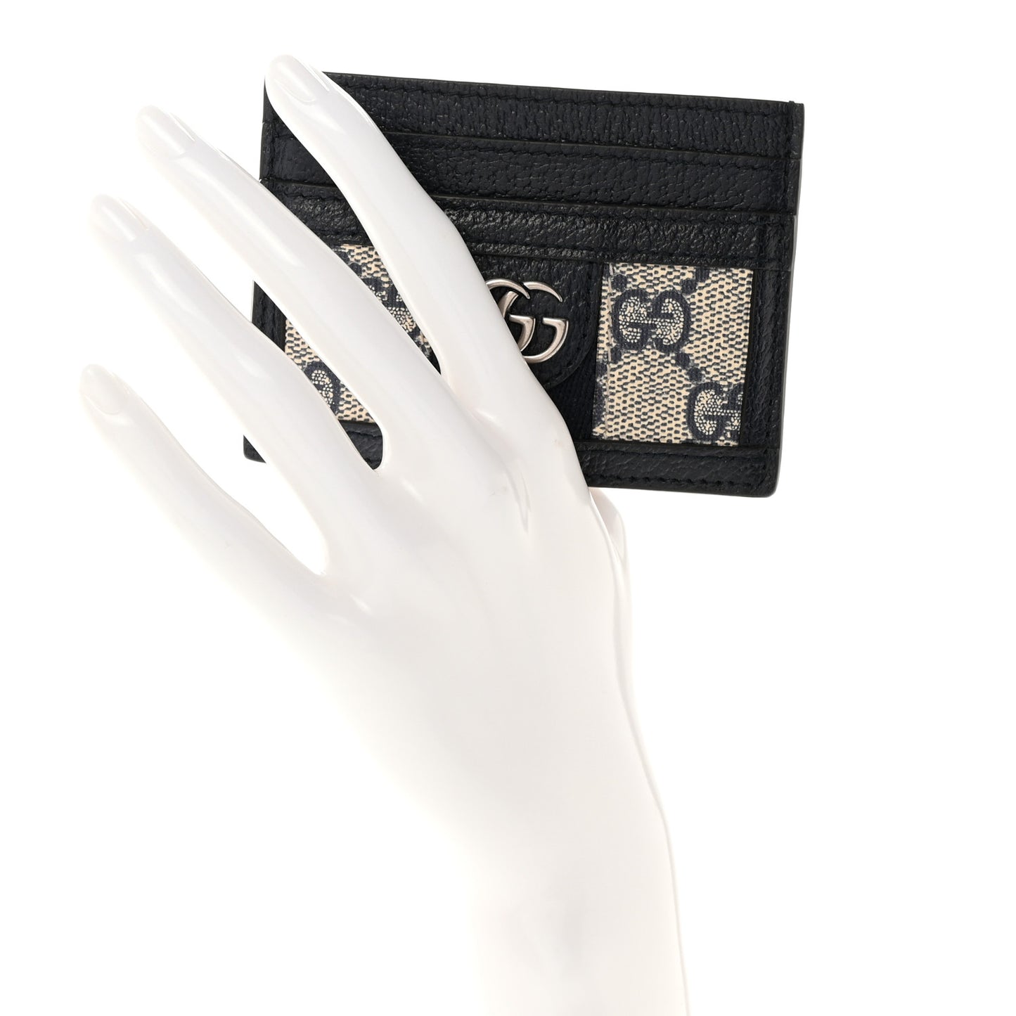 GG Supreme Monogram Textured Dollar Calfskin Web Ophidia Card Holder Beige Blue