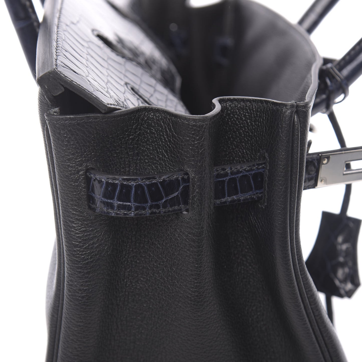 Taurillon Novillo Shiny Niloticus Crocodile Birkin Touch 30 Black Bleu Marine
